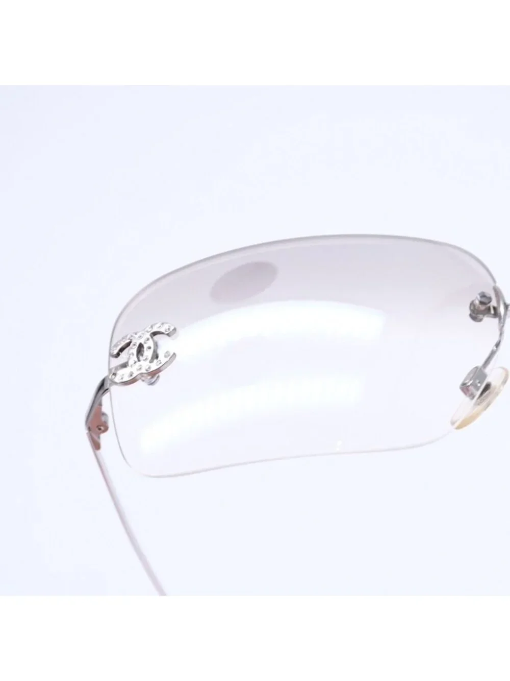 Chanel Rimless Sunglasses CC Logo Rhinestone Gray Gradation Lens Silver Eyewear